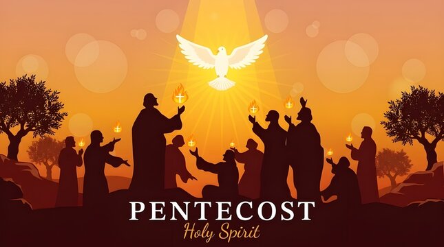 Happy Pentecost Sunday Greeting Card, Minimalist Flat Vector Illustration of Holy Spirit Dove with Flame Tongues of Fire and Rays of Light Background