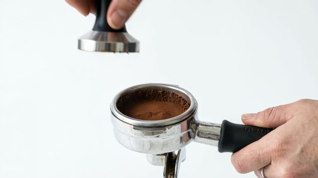 Barista hands tamping freshly ground coffee in portafilter for espresso preparation and cafe beverage brewing technique concept