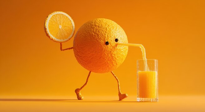 Whimsical orange character pouring fresh juice. Playful and vibrant, evoking a sense of fun and healthy living.