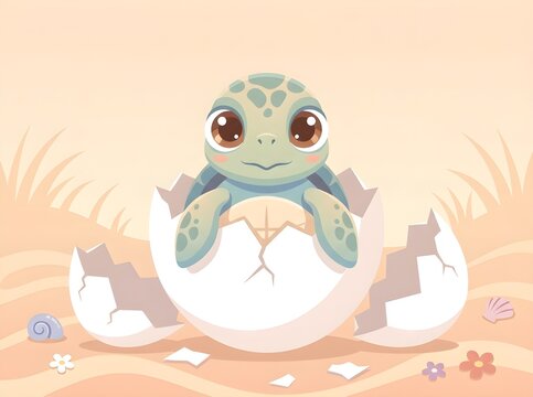 Cute baby sea turtle hatching from egg on sandy beach