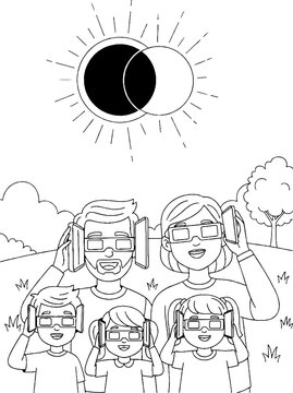 Family wearing protective glasses watching a solar eclipse