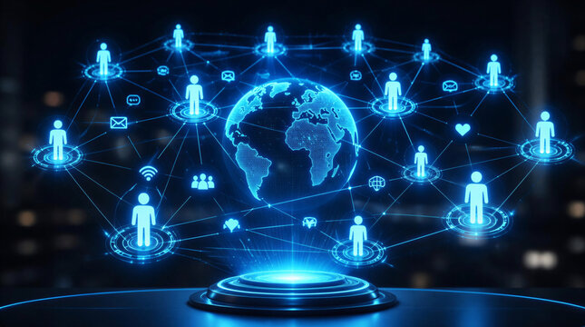 Global Digital Network Connection with People Icons and Glowing Earth.