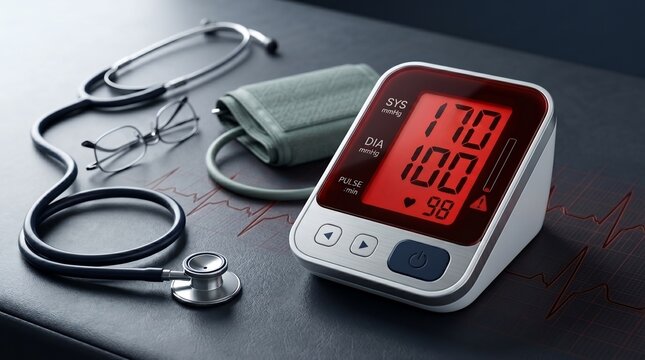 Blood pressure monitor with stethoscope and glasses on a medical table with ecg printout