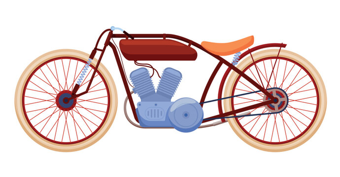 Vintage red motorcycle displayed on a white background as a vector design showing classic style and bicycle structure