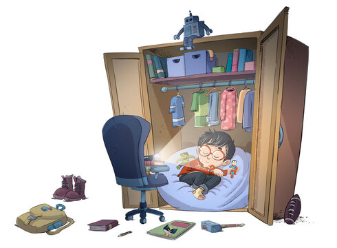 Ni&ntilde;o peque&ntilde;o dormido en el armario despu&eacute;s de jugar, ilustracion infantil