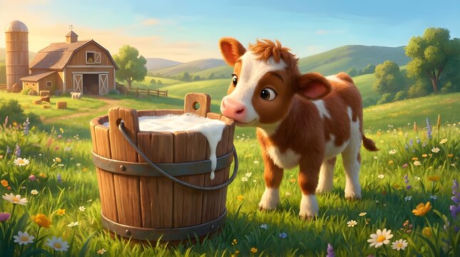 Cute baby calf drinking fresh milk from a wooden bucket