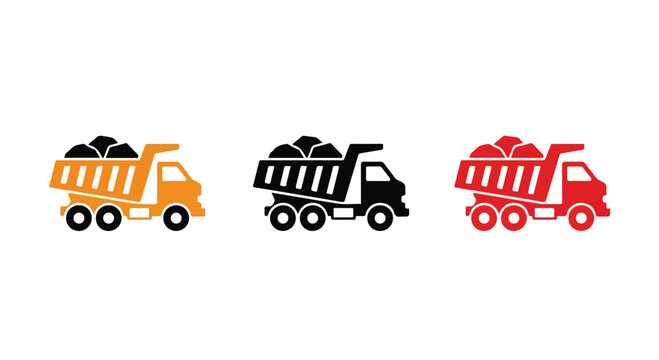 Set of three colorful toy dump trucks in orange black and red on a white background for children and playtime