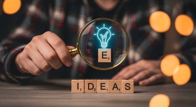 Magnifying Glass Over Light Bulb and Ideas Scrabble Tiles