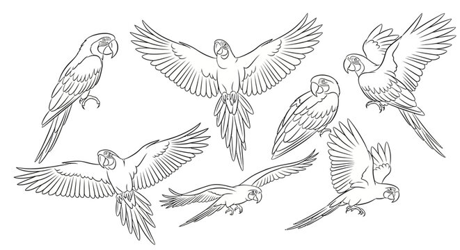 Macaw parrots collection, detailed line art sketches for design