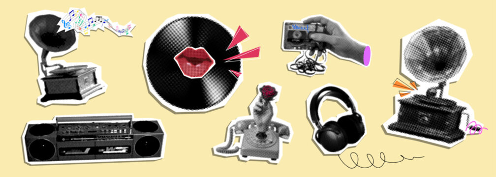 Retro music and lifestyle collage with halftone vinyl record, vintage boombox, headphones, rotary telephone and gramophone stickers. 90s aesthetic elements on warm pastel background.
