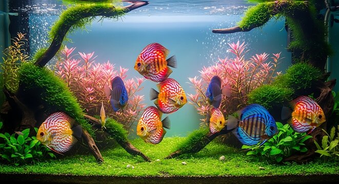 Colorful Discus Fish Swimming in a Lush Freshwater Aquarium
