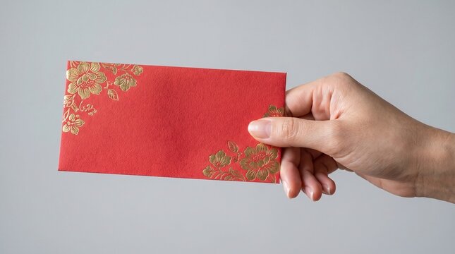 Hand holding a traditional red envelope with gold floral pattern