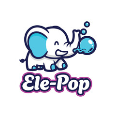 Fototapeta premium Cute cartoon elephant mascot logo blowing blue bubbles with Ele Pop text.