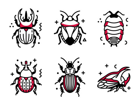 A set of six insect icons featuring pixel art armored beetles, shield bugs, weevils, and treehoppers in red and black, ideal for gaming assets or biology educational diagrams
