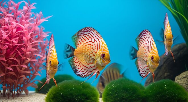 Three Discus Fish Swimming in a Vibrant Aquarium with Artificial Plants and Green Moss Balls