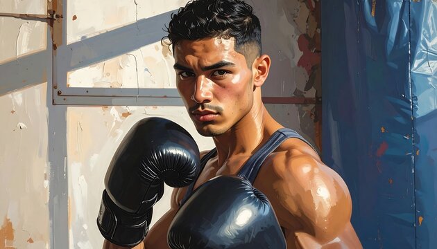 A determined boxer, sweaty and focused, stands ready in the ring, wearing black gloves and a tank top. His gaze is intense, his muscles defined