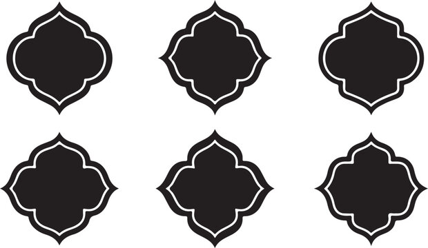 Set of six decorative black quatrefoil frames with elegant white borders for artistic invitations labels and graphic design projects in a simple style