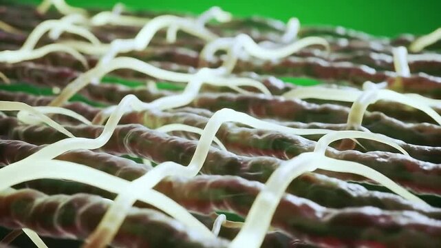 Intricately Intertwined Organic Structures on Vibrant Green Background, Close Up View of Biological Filaments and Textures for Scientific Visualization and Education