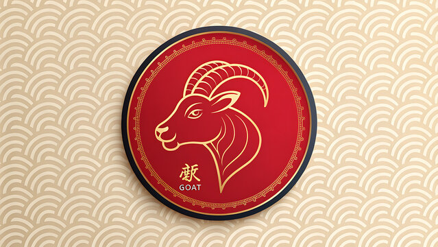 Chinese zodiac goat symbol red circle gold design on beige wave pattern background transparent background