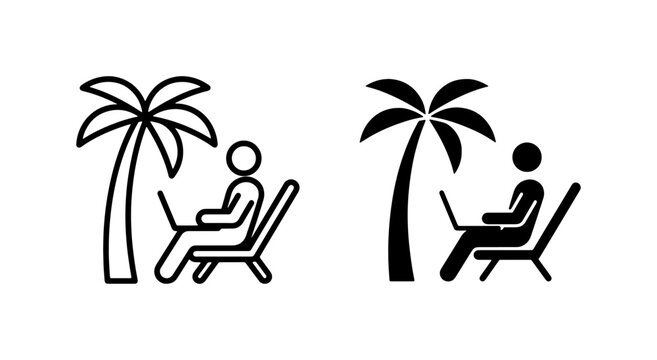 Remote Work Icons: Person with Laptop Under Palm Tree, Beach Vacation Lifestyle, Digital Nomad Concept, Freelance Freedom, Tropical Office Setup