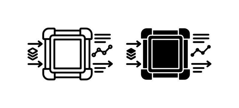 Data Processing Icons, Input Output Flow Charts, Analytics Symbols, Information Transfer Vector Graphics, Digital Data Streams