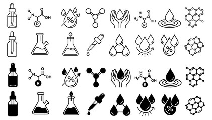Obraz premium Skincare and cosmetic science vector icon collection with serum, hydration drops, laboratory flasks and molecular symbols on transparent background