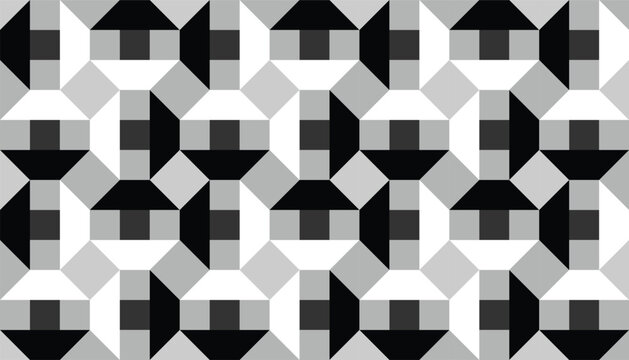 Modern monochrome geometric seamless pattern. Vector 3D abstract optical illusion background with black, white, and grey shapes.