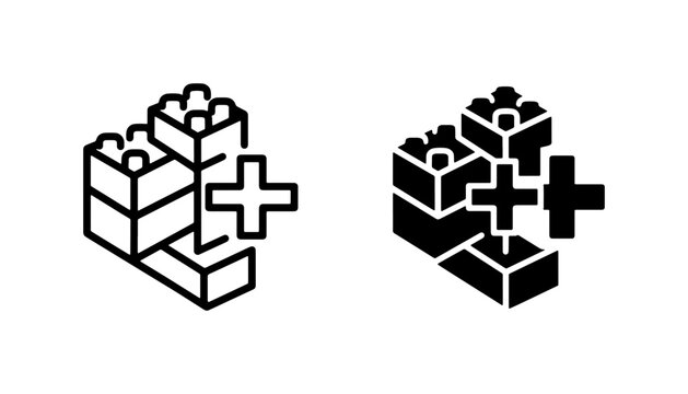 Building Blocks Plus Icon Set, Construction Toy Elements, Creative Development Symbols, Vector Graphics for Education and Play