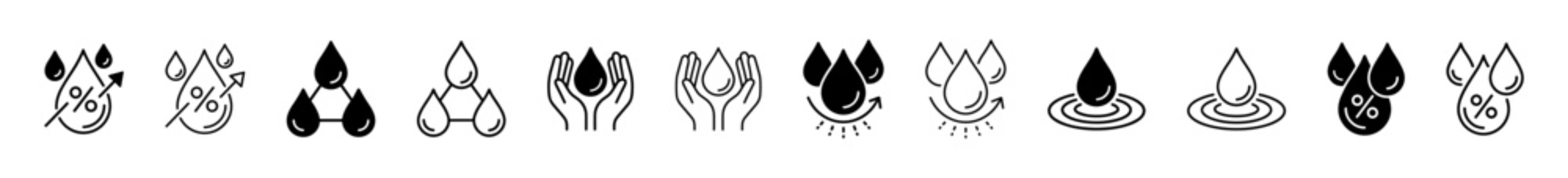 Hydration and skincare vector icon set with water drops, moisture care and cosmetic serum symbols on transparent background