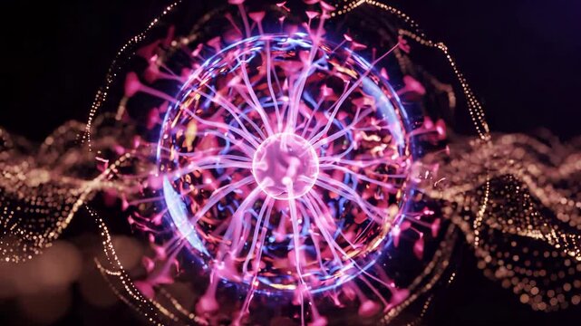 Plasma ball with electric discharge and glowing energy filaments. Lightning and sparks inside glass sphere demonstrate physics experiment, atom particle and quantum science. Futuristic technology