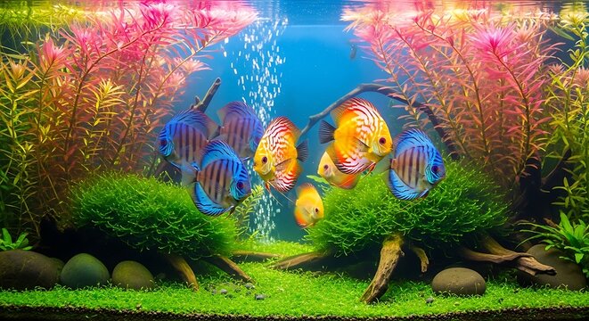 Vibrant Discus Fish Swimming in a Lush Freshwater Aquarium with Bubbles and Colorful Plants