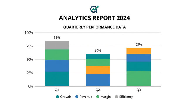 Business analytics report, quarterly performance data, 2024 statistics, growth and revenue chart