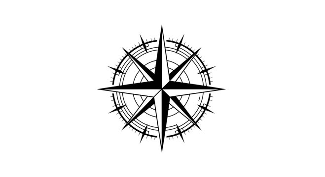 Detailed vintage compass rose symbol in black and white, representing direction, navigation, travel, and adventure.