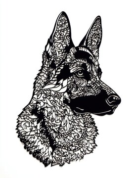 Intricate Black And White Line Art Portrait Of A German Shepherd Dog Head Detailed Pattern