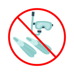 No scuba diving mask or flippers allowed prohibition sign with snorkeling gear inside red crossed circle isolated on white background water safety rules restriction symbol © Jennie