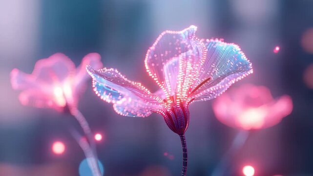 Bright flowers light up in a garden during the evening. The flowers shine with colors as lights twinkle around. People enjoy the view and take pictures of the flowers