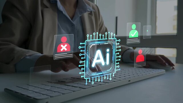 AI-powered recruitment and hiring process concept with digital candidate screening, resume analysis, smart HR automation and talent selection system on modern business technology interface.