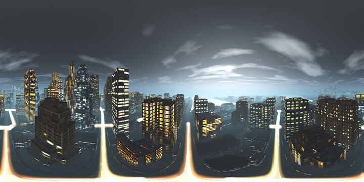 Night city. HDRI . equidistant projection. Spherical panorama. panorama 360. environment map, 3D rendering