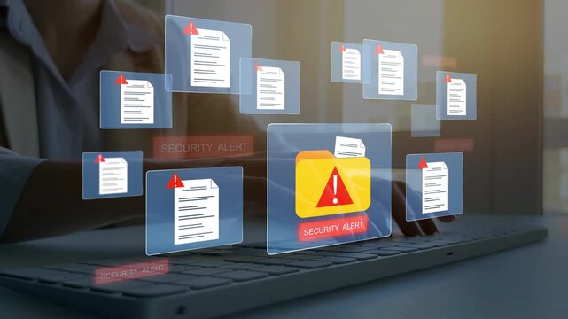 Cyber security alert showing hacked files, folders and documents, system warning and spam threats. Digital data breach concept for online protection and recovery, safety.