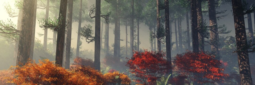 Forest in the morning in a fog in the sun, trees in a haze of light, glowing fog among the trees, 3D rendering