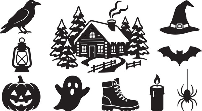 Halloween icons and symbols in black silhouette style