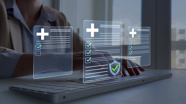 Modern healthcare policy and certified medical compliance concept featuring document verification, hospital administration, audit checklist, insurance approval, legal standards and quality management.