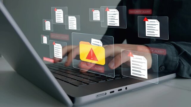 Cybersecurity alert showing hacked folders, files and documents with system warning. Digital data breach, malware and online threat concept for computer security.