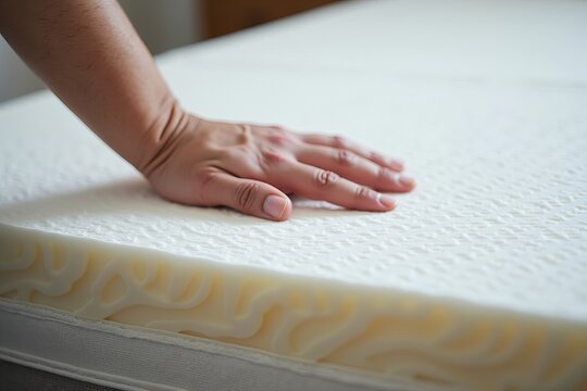 Close-up of Hand Testing Firmness and Comfort of Orthopedic Memory Foam Mattress