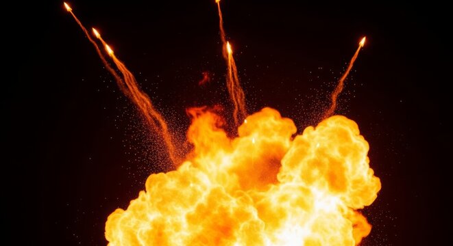 Massive Orange and Yellow Fire Explosion with Fiery Trails and Sparks Against a Dark Background