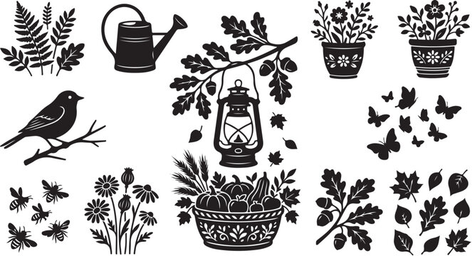 Black and White Floral Silhouette Illustration Set