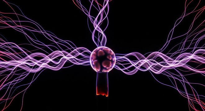 Glowing Plasma Sphere Emitting Electric Energy Waves Against Dark Background