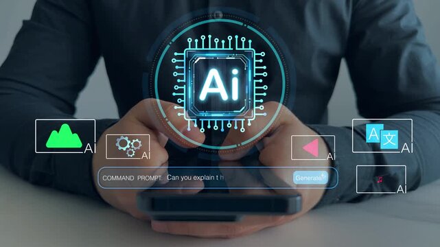 AI agent and virtual assistant technology concept featuring smart content generation, chatbot communication, digital marketing automation and futuristic business software interface.