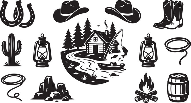 Western Cowboy Icons and Symbols Illustration Set