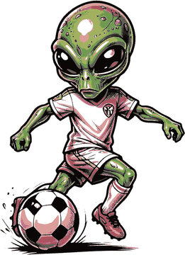 alien playing soccer isolated on transparent. design for tattoo art, sticker, decal, t shirt, printing and apparel